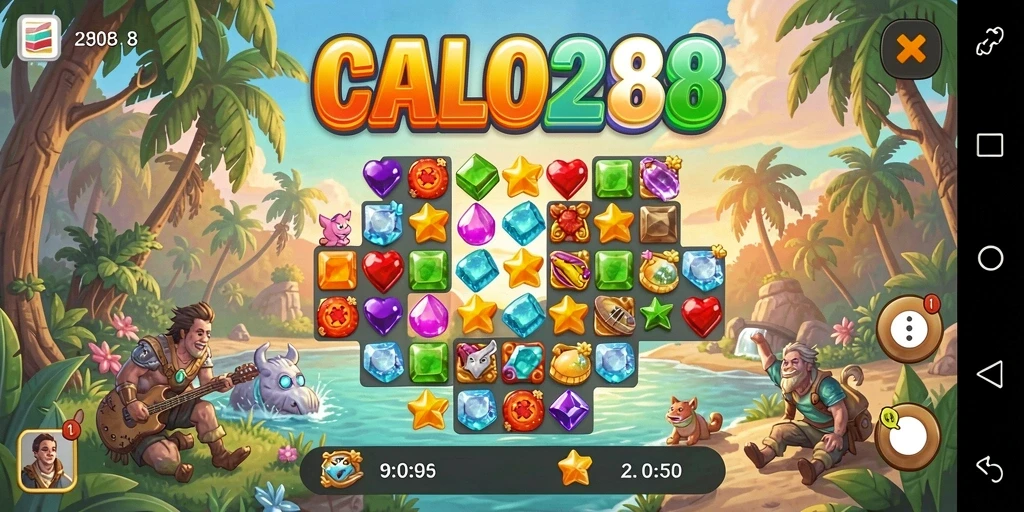 Tampilan dinamis gameplay <strong>CALO288</strong> dengan tantangan Match-3 yang seru.