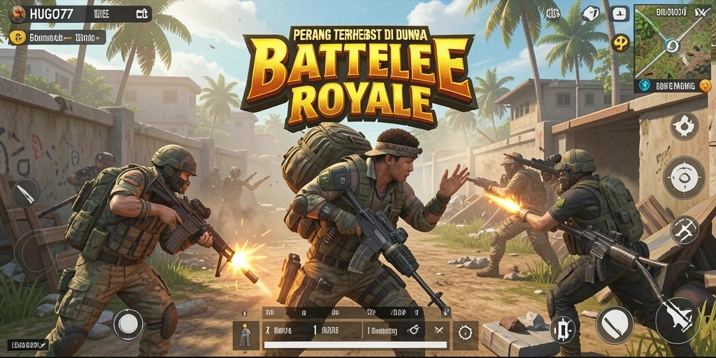 Gameplay seru dalam HUGO77 di medan perang Battle Royale.