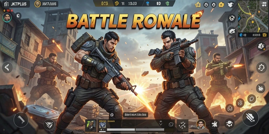 Screenshot gameplay JKTPLUS yang menampilkan aksi pertarungan Battle Royale yang intens.