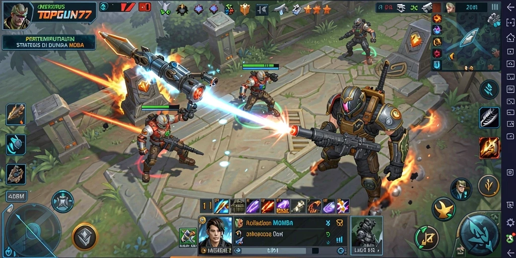 Tampilan gameplay seru di arena pertempuran MOBA TOPGUN77.